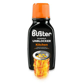 A bottle of Buster - Kitchen Unblocker - 200ml for the kitchen with an illustrated representation of its action on clogs.